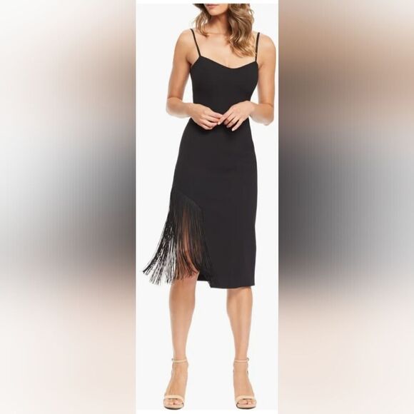 Dress The Population Rory Fringe Midi Dress NWOT size Small Black - Picture 1 of 6